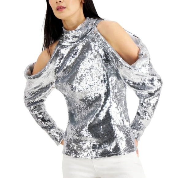 INC International Concepts Tops - INC International Concepts Silver Sequined Cold Shoulder Shirt Small NWT